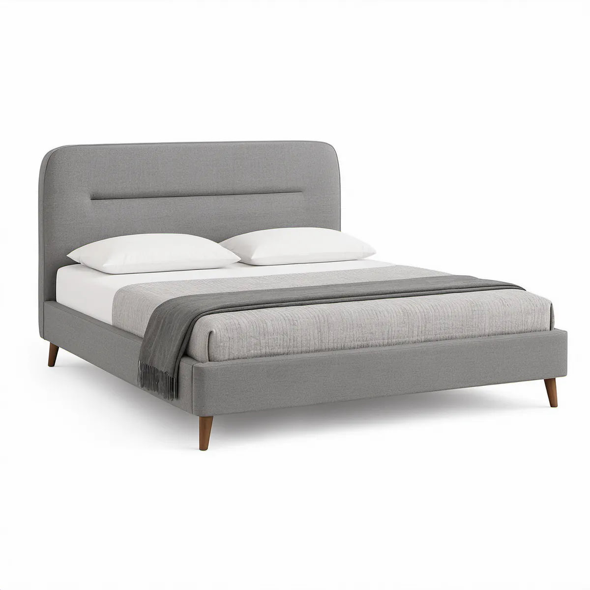 Gepolstertes Doppelbett 160 × 200 cm in Grau mit braunen Massivholzfüssen