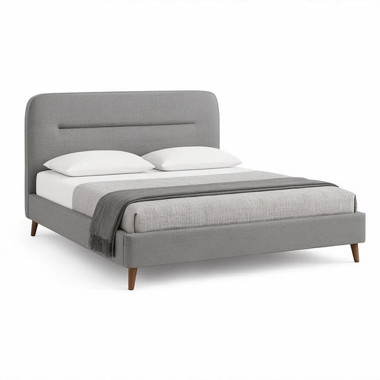 Gepolstertes Doppelbett 160 × 200 cm in Grau mit braunen Massivholzfüssen
