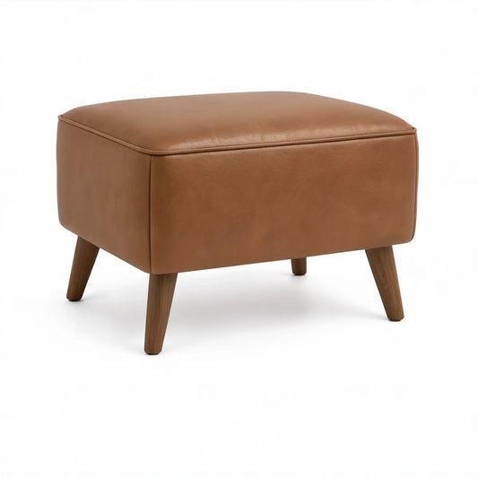 Rechteckiger Fuss­hocker 60 x 45 x 43 cm aus PU-Kunstleder in Cognacbraun mit Massivholzbeinen
