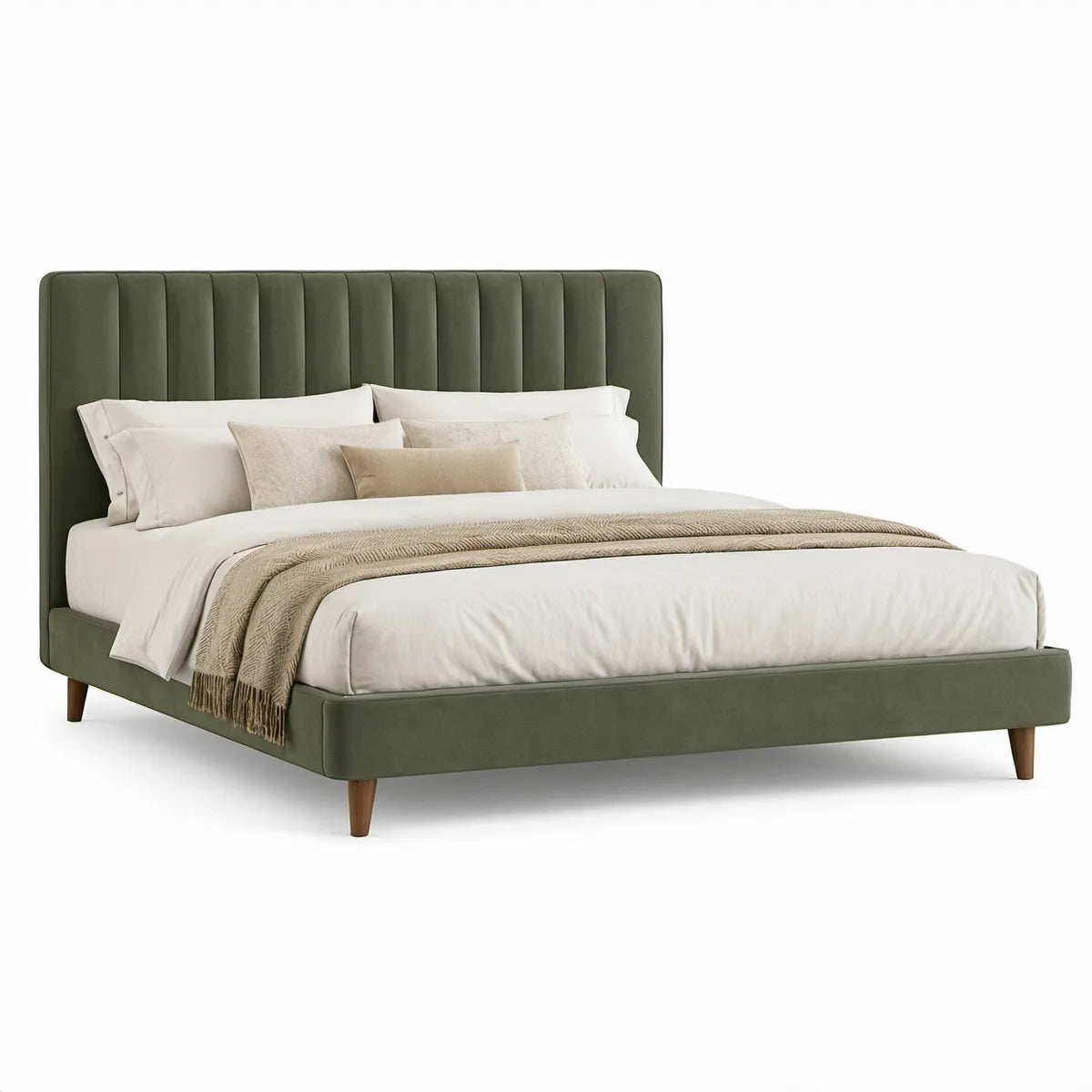 Gepolstertes Doppelbett 160 x 200 cm mit Samtbezug und vertikal gestepptem Kopfteil, Olivgrün