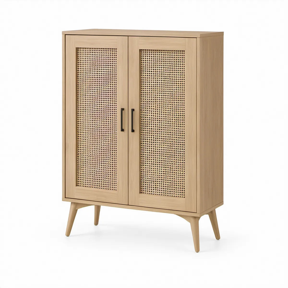 Highboard mit 2 Türen, 80 x 40 x 120 cm, Eichenfurnier und Rattangeflecht, Natur/Beige/Schwarz