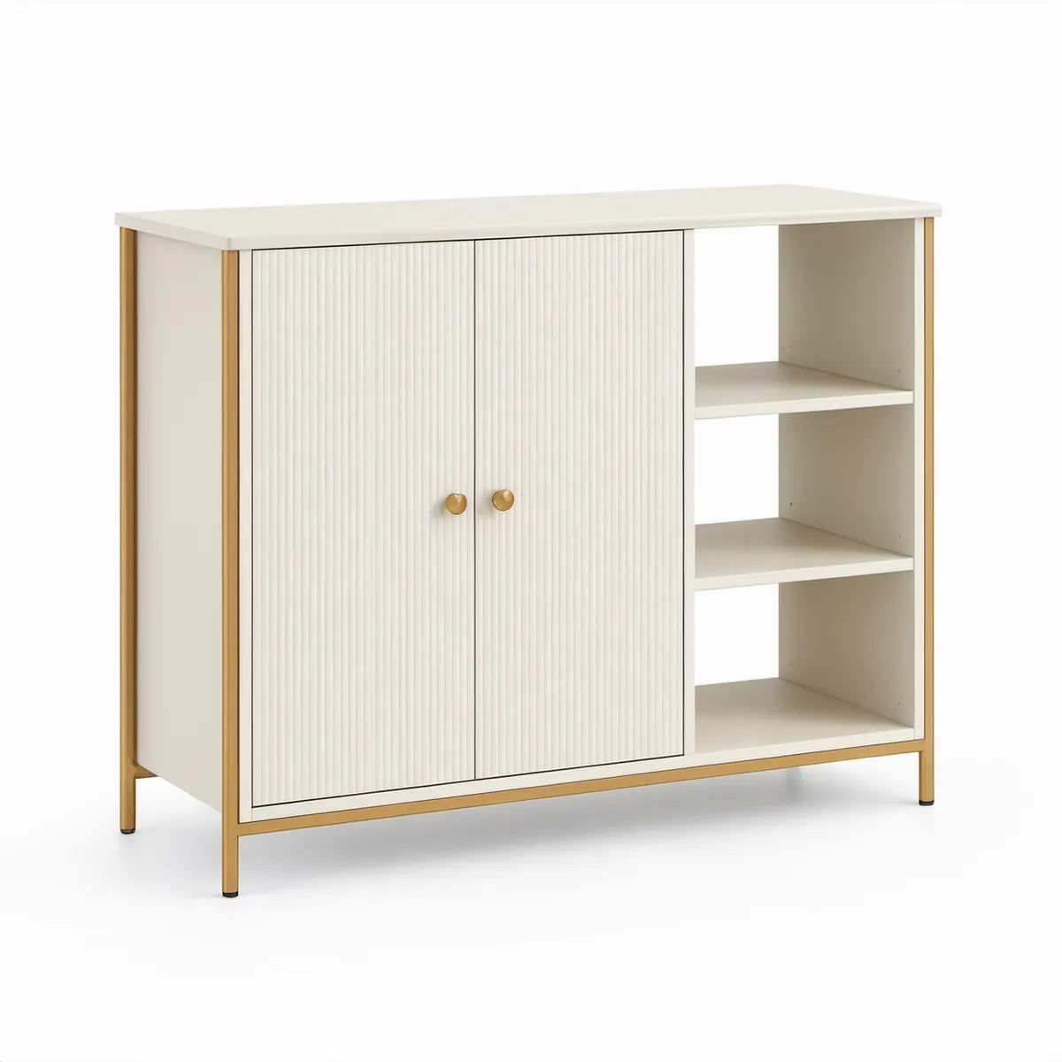 Sideboard aus MDF und Stahl mit 2 geriffelten Türen und 3 offenen Fächern, Weiss/Gold, 100 x 40 x 100 cm