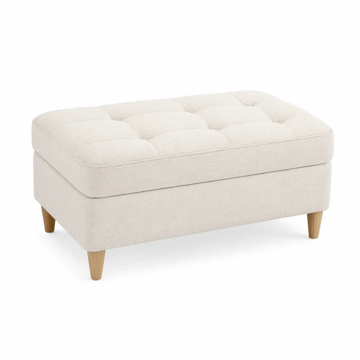 Gepolsterter Hocker 90 x 70 x 45 cm mit Bouclé-Polyesterbezug in Creme und Holzfüssen