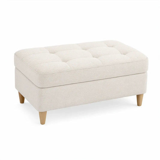 Gepolsterter Hocker 90 x 70 x 45 cm mit Bouclé-Polyesterbezug in Creme und Holzfüssen