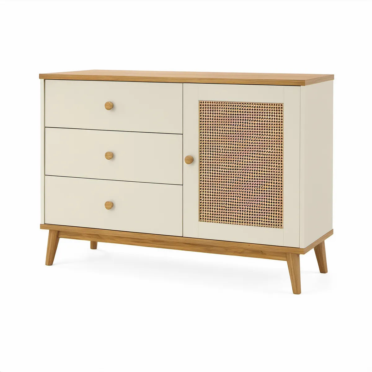 Sideboard mit 3 Schubladen und 1 Rattantür, 120 x 40 x 80 cm, Creme/Natur