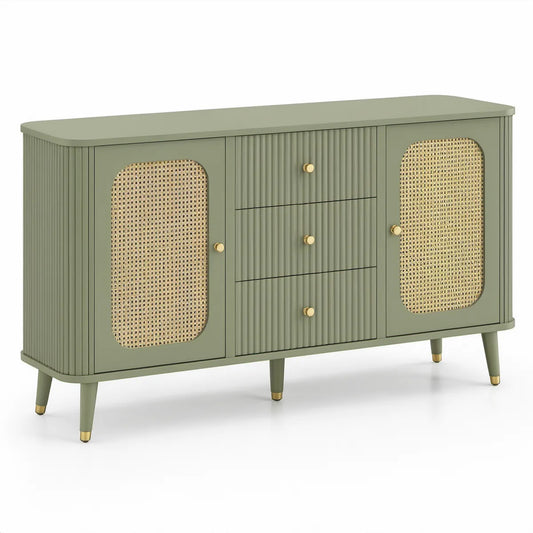 Sideboard mit 2 Türen und 3 Schubladen, 160 x 40 x 85 cm, MDF und Rattangeflecht, Salbeigrün