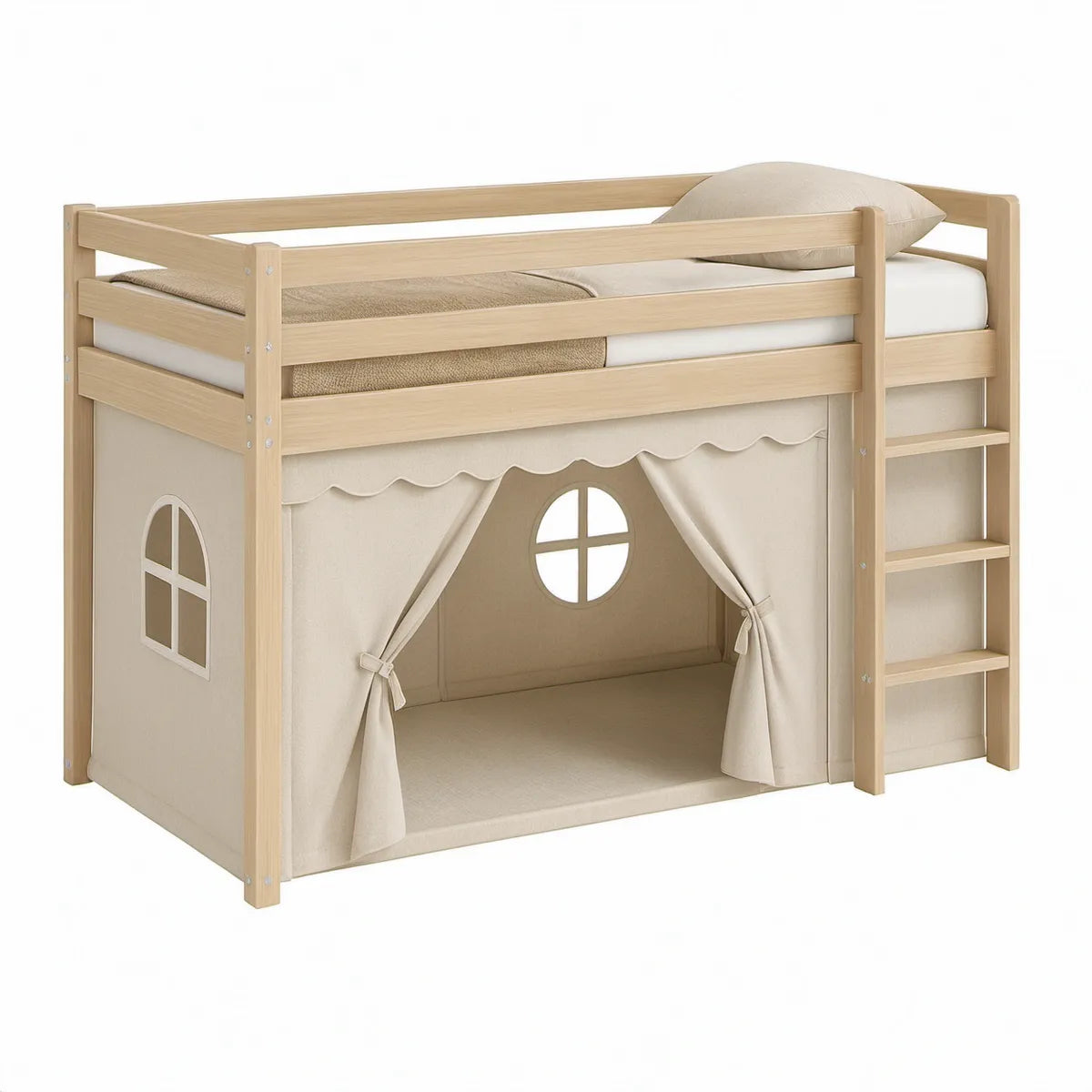 Kinder-Halbhochbett aus massivem Kiefernholz, Natur/Beige, 90 x 200 cm
