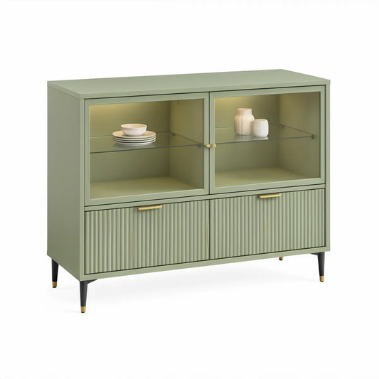 Vitrinen-Sideboard 120 x 40 x 100 cm aus MDF und Klarglas in Salbeigrün