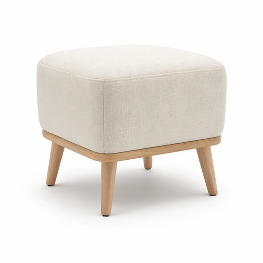 Quadratischer Polsterhocker 60 x 60 x 45 cm in Creme mit Eichenholzbeinen